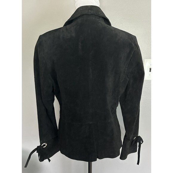 VTG MetroStyle Black Leather/Suede Blazer Women Lined Sz 10 Tie Front Jacket EUC - Picture 3 of 7